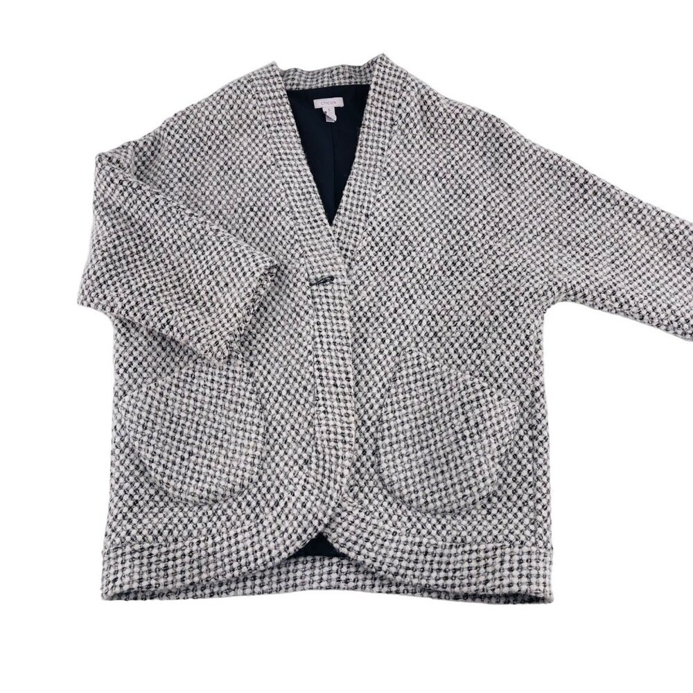 Chicos Womens Black & White Textured Cardigan Jacket With Pockets Size 1 Medium